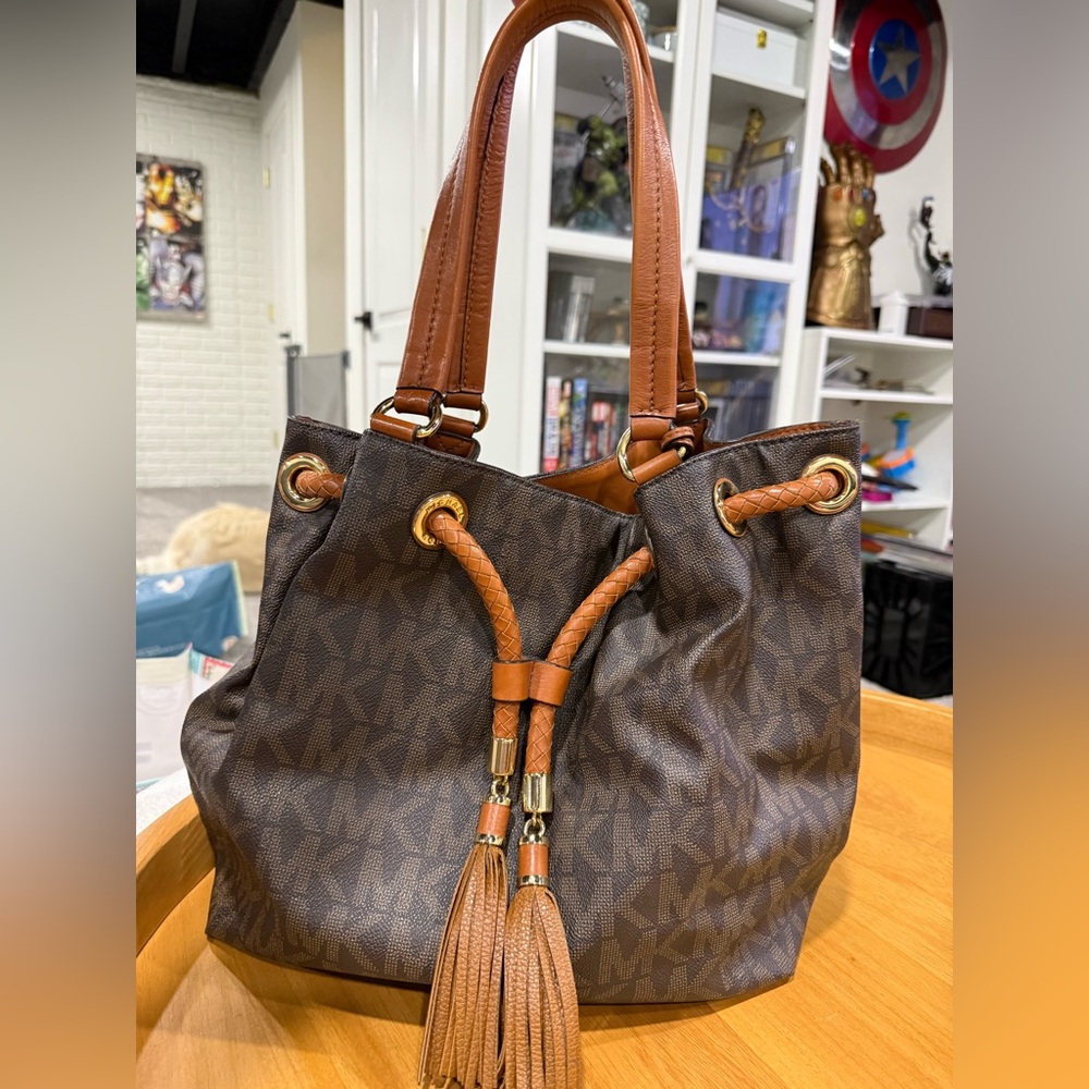 Michael Kors Brown and Tan Logo Drawstring Tote with Tassels